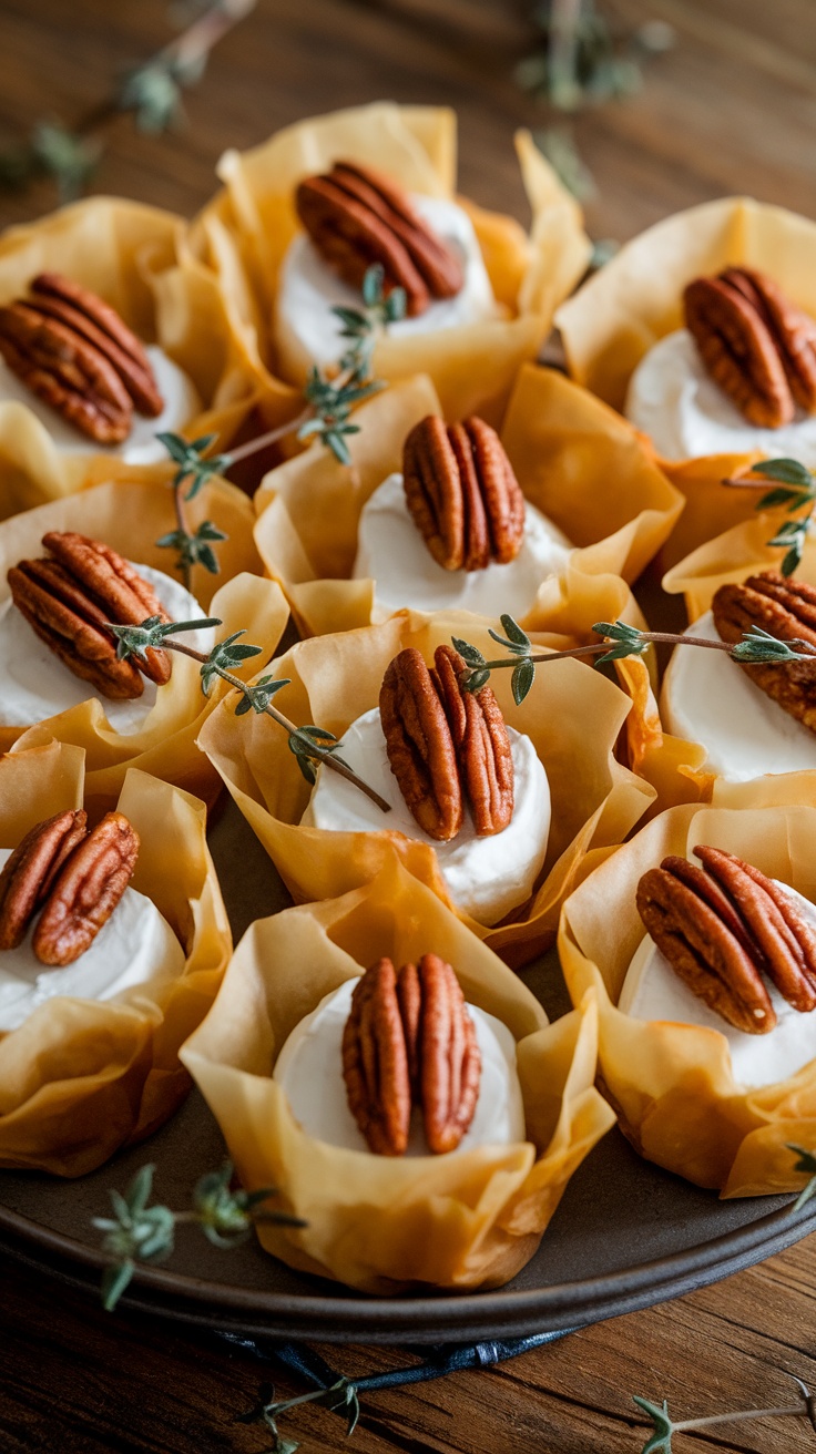 A platter of Maple Pecan Brie Bites with phyllo cups filled with brie and topped with pecans, garnished with thyme.